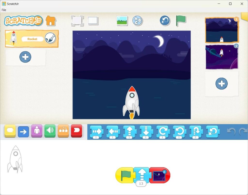 A rocket launching animation with a scene change showing the rocket moving through space.