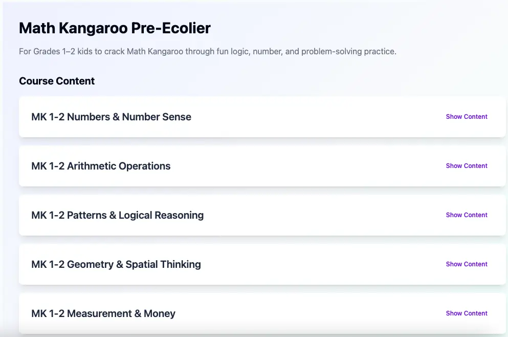 Online Math Kangaroo Pre-Ecolier course layout showing four learning modules for Grade 1–2 students.