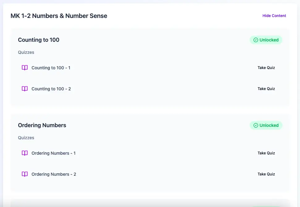 Numbers & Number Sense module showing counting and ordering number quizzes.
