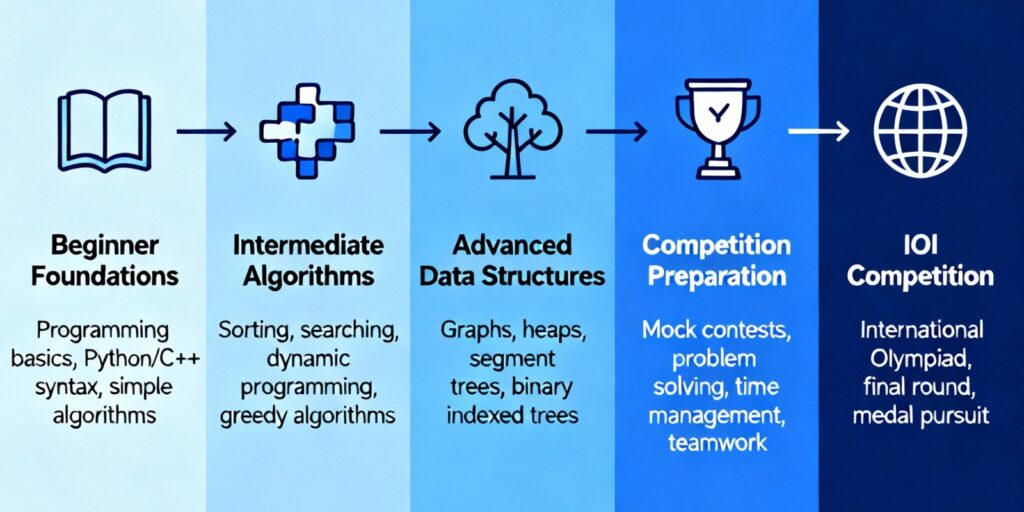 A visual roadmap showing the learning journey from beginner programming foundations to intermediate algorithms, advanced data structures, competition preparation, and IOI competition level.