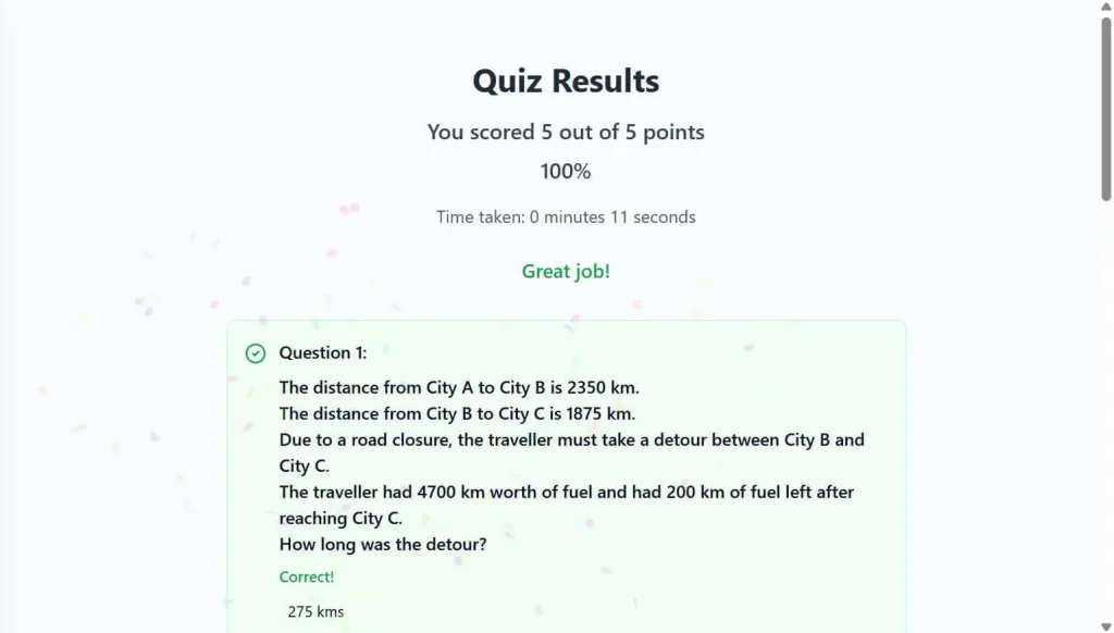 Math Kangaroo quiz results showing 100 percent score