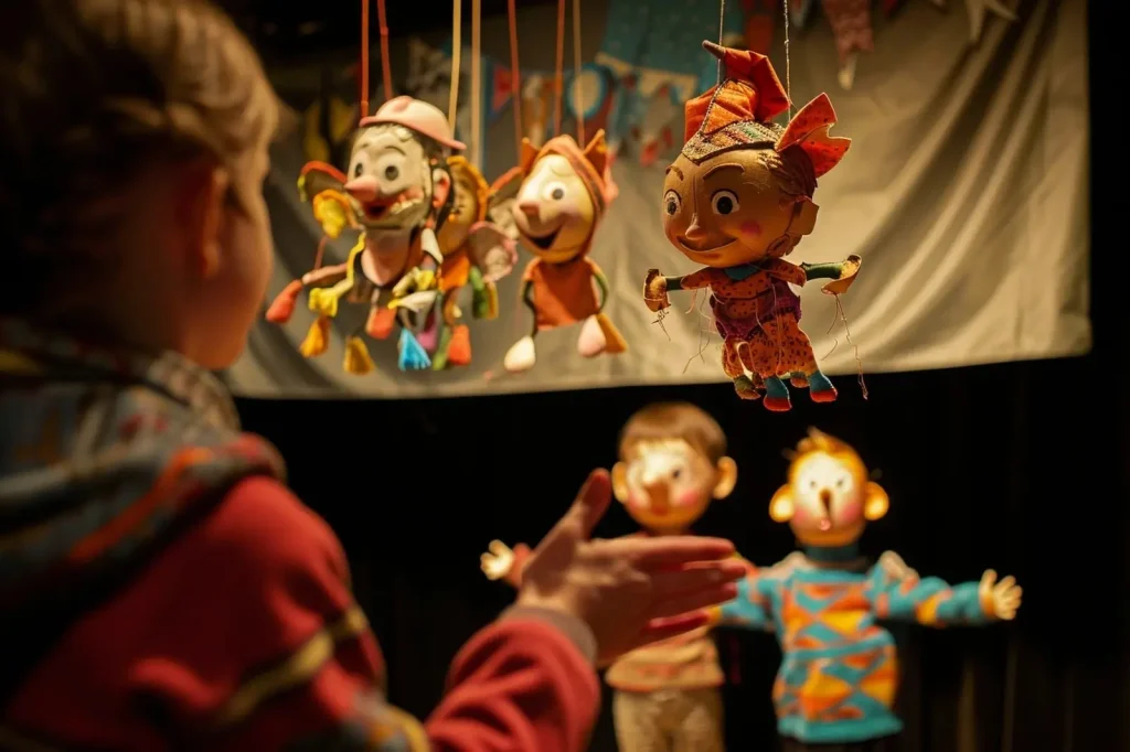 A child claps while watching marionette puppets used for storytelling on a small stage.