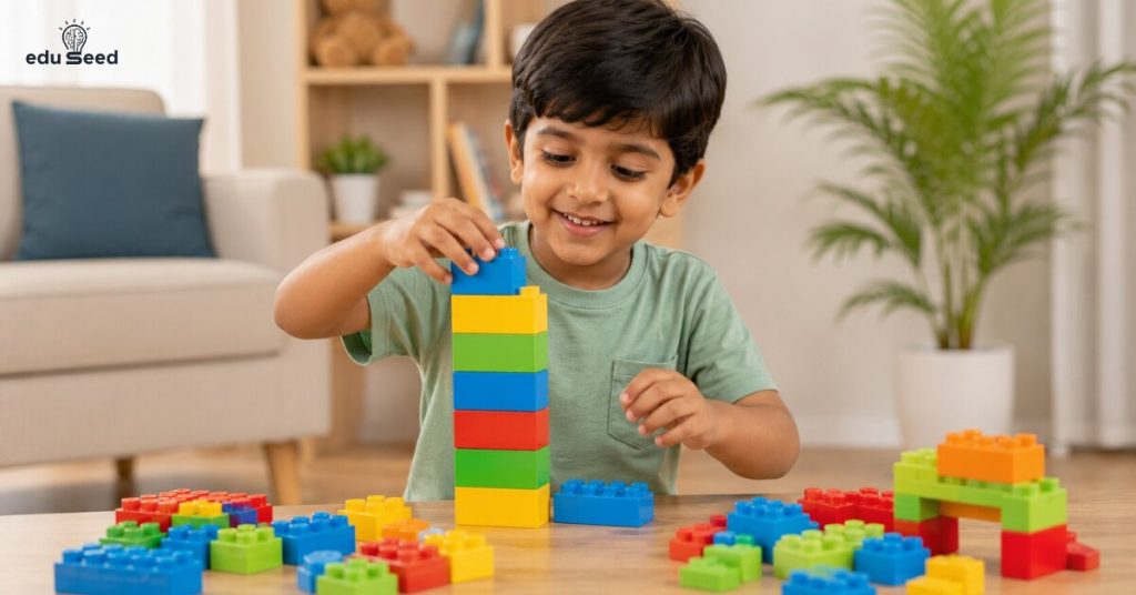Child stacking colorful blocks into a tower.