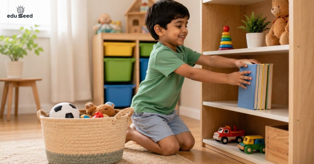 Child putting toys away in a basket.