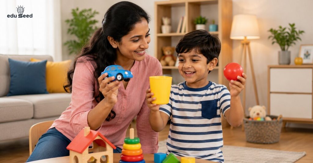Child finding colorful objects at home.