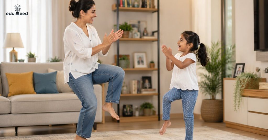 Parent and child playing Follow the Leader together.