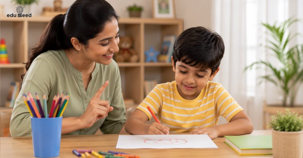 Child drawing while listening to instructions.