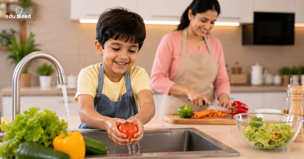 Child helping a parent in the kitchen.