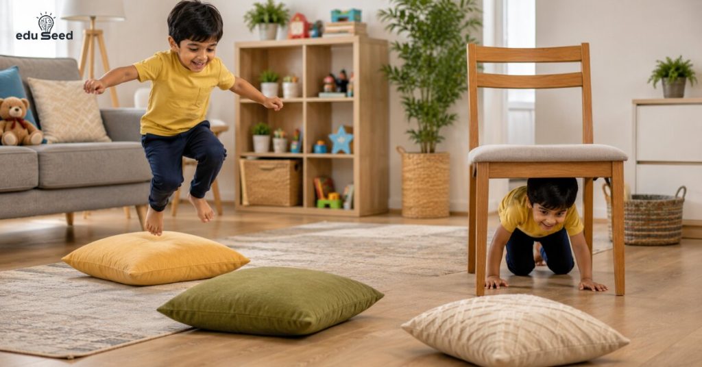 Child completing a simple obstacle course.