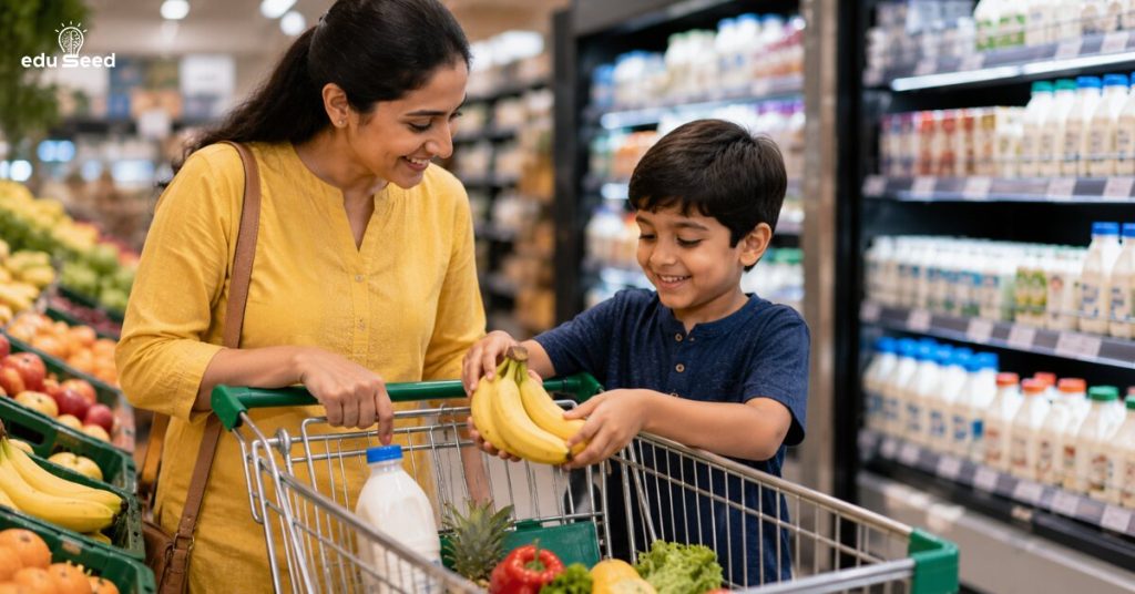 Child helping with grocery shopping.