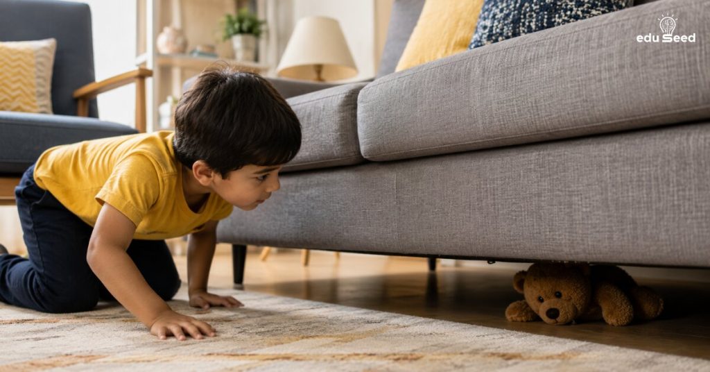 A parent guides a young child during a treasure hunt at home as the child follows clues to find a hidden teddy bear.